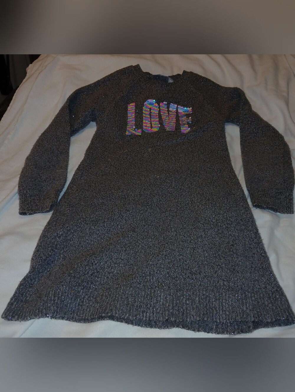 Pre-loved Girl's Place Gray Sequin Love Knit Sweater Dress.